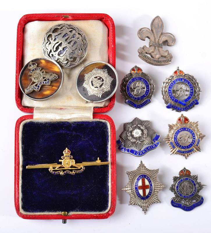 Lot 158 - A 9ct Gold and Enamel Military Sweetheart Brooch, to the Royal Artillery (4.2 g); nine others,...
