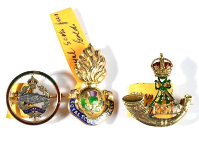 Lot 173 - Three Regimental Sweetheart Brooches, comprising a 14 ct gold and enamel example, to Kings...