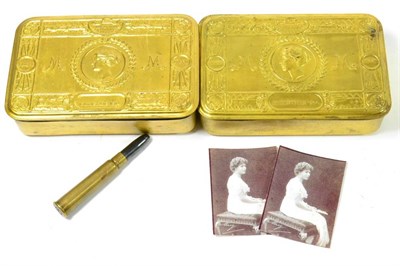 Lot 186 - Two Princess Mary 1914 Christmas Tin, each containing a Christmas card, copy photograph and...