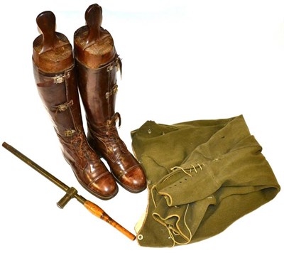 Lot 207 - A Pair of First World War Officer's Long Brown Leather Boots, with laced and buckled...