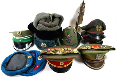 Lot 236 - A Collection of Thirteen Foreign Military Hats, comprising three Russian ushankas, an Italian...