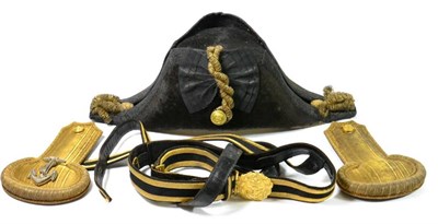 Lot 243 - A George V/VI Naval Officer's Black Silk Bicorn Hat, with grosgrain cockade and bullion twist...