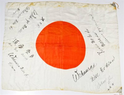 Lot 288 - A Second World War Japanese Silk Battle Flag, signed by officers, 72cm by 93cm