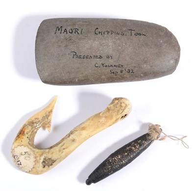 Lot 362 - A Maori Axe Head, inscribed, ''Maori Chipping Tool. Presented by C. Yockney Sep 5 '32'', 8.2...