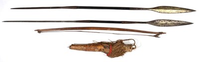 Lot 373 - Two Masai Spears, one with leaf shape head, plain socket, wood haft and square tapering spike butt