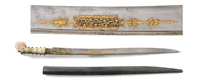 Lot 377 - An Early 19th Century Turkish Yataghan, the blade inlaid in gold with panels of  text, possibly...