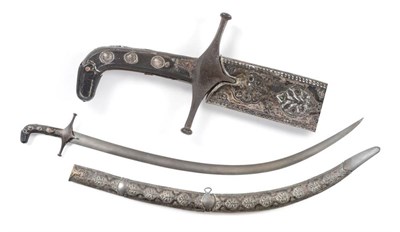 Lot 381 - An 18th Century Persian Shamshir, with 79cm single edge curved wootz blade, steel crossguard...
