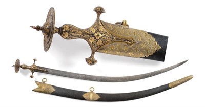 Lot 384 - An 18th Century Indian Shamshir/Talwar, with 82cm single edge Wootz blade, the steel cruciform hilt