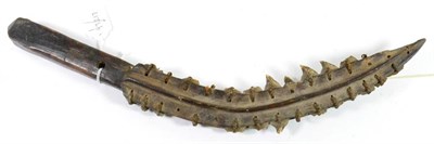 Lot 391 - A 19th Century Solomon Islands Shark's Tooth Knife, the curved wood blade with raised medial ridge