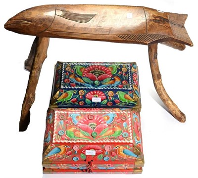 Lot 414 - A Mato Grosso Wood Stool, Brazil, the seat carved as a fish, on four rustic outsplayed legs,...