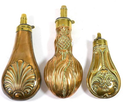 Lot 419 - A William Bartram, ''Nimrod'', Copper and Brass Shot Flask, embossed with a thistle design; and two