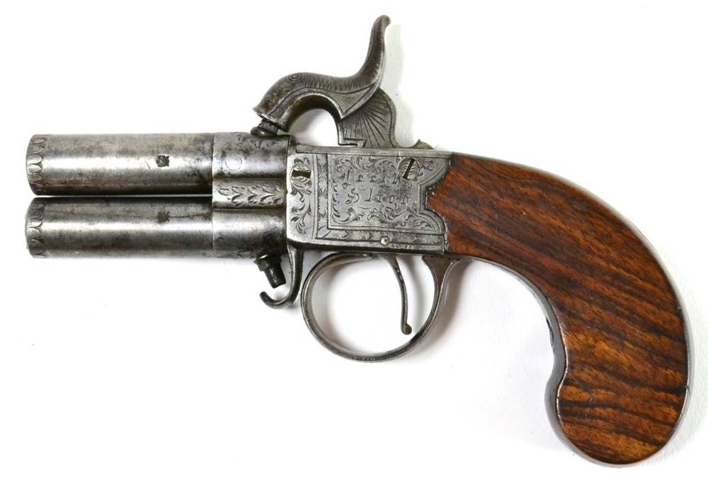 Lot 458 - A 19th Century Double Barrel Percussion Turnover Pistol, by Leech, Sligo, the 5.9 cm screw-off...