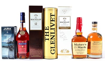 Lot 2317 - Macallan 12 yo, Macallan Gold, Jura 35cl, Glenlivet 12yo, Martel VSOP Medallion, Makers Mark,Monkey