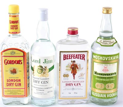 Lot 2323 - Lord Jim Gin, old bottling, 1 bottle; Beefeater Gin, 1 bottle; Gordons Gin, old bottling, 1 bottle