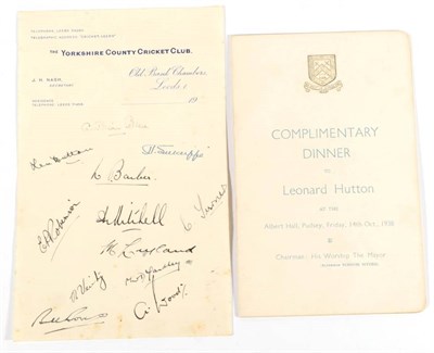 Lot 74 - Yorkshire County Cricket Club; Hutton, Len Programme for the Complimentary Dinner to Leonard Hutton