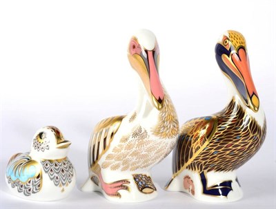 Lot 3 - Royal Crown Derby Imari Paperweight Brown Pelican, White Pelican and Collector's Guild Duckling (3)