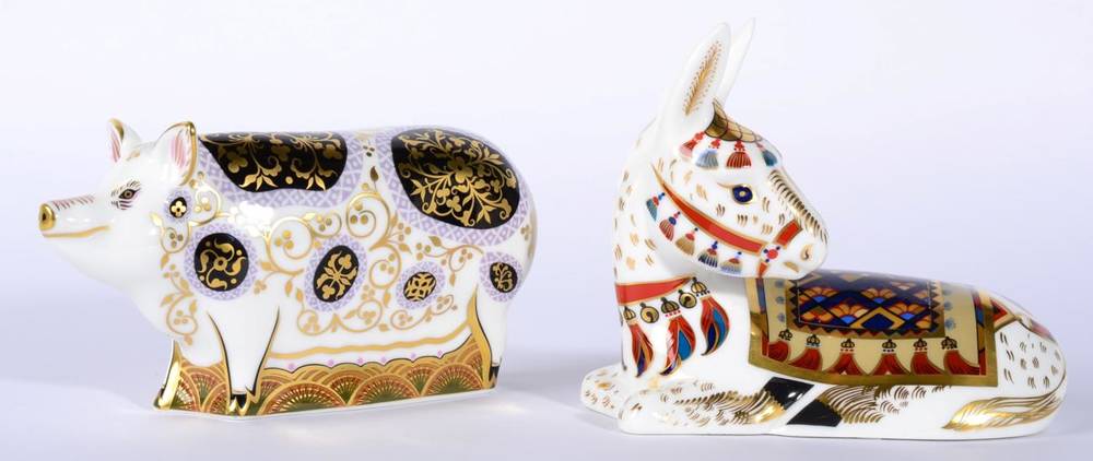 Lot 17 - Royal Crown Derby Imari paperweights, Spotty Pig and Donkey (2)