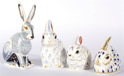 Lot 29 - Royal Crown Derby Imari paperweights: Starlit Hare, Snowy Rabbit, Bunny and another rabbit (4)