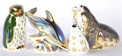 Lot 31 - Royal Crown Derby Imari paperweights, Striped Dolphin, Russian Walrus, Rockhopper Penguin and...
