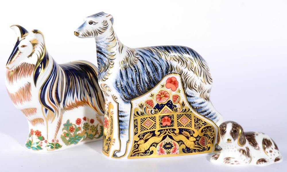 Lot 37 - Royal Crown Derby Imari paperweights, Lurcher; Rough Collie and Scruff (3)