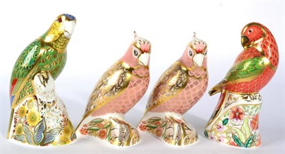 Lot 43 - Royal Crown Derby Imari paperweights, Amazon Green Parrot, Cockatoo, Lorikeet and another...