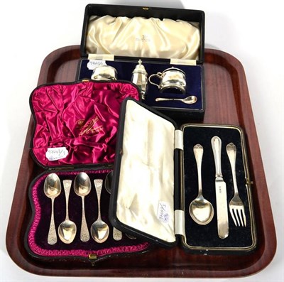 Lot 64 - A small group of silver items,to include cased teaspoons; condiment set etc; together with a...