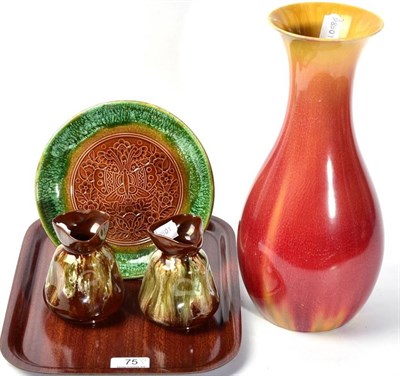 Lot 75 - A pair of Linthorpe pottery vases and a plate, designed by Christopher Dresser; together with a...