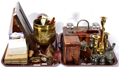 Lot 78 - Two trays of miscellaneous collector's items including a cased carriage timepiece; pewter measures