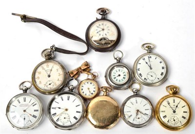 Lot 108 - Three pocket watches stamped 0.935 and 0.800; a plated Elgin pocket watch; a lady's fob watch;...