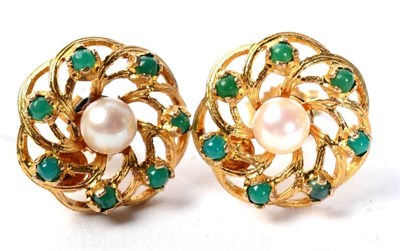 Lot 117 - A pair of cultured pearl and chrysoprase cluster earrings, with later post fittings, 4.6g
