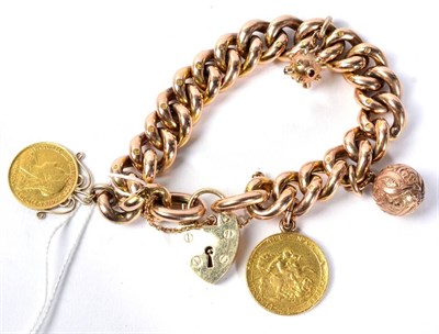Lot 119 - A 9 carat gold charm bracelet with soldered Victorian half sovereign and a copy George III...