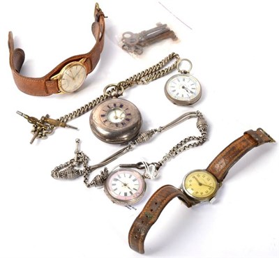 Lot 134 - A silver cased demi-hunter pocket watch; two fob watches; two wristwatches and watch keys