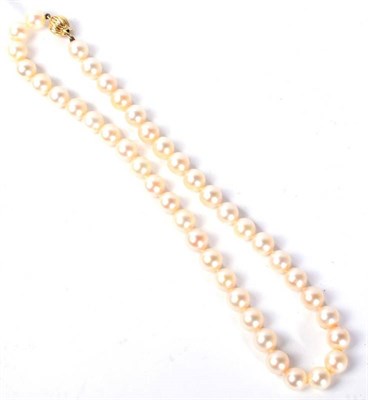 Lot 136 - A cultured pearl necklace, with fluted ball clasp, stamped '585', length 37.5cm, pearls measure 8mm