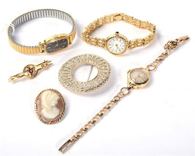 Lot 140 - A lady's 9 carat gold cased Tudor wristwatch, on 9 carat gold strap, 12.8g gross; two quartz...