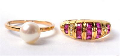 Lot 144 - A ruby and diamond hoop ring, finger size L, stamped '585', 2.8g and a Mikimoto cultured pearl...