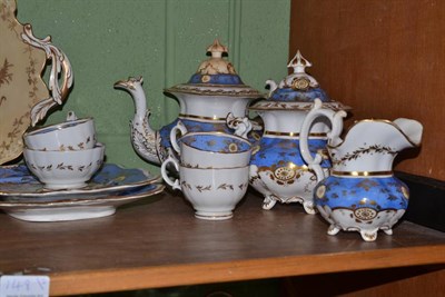 Lot 148 - Two shelves of 19th century ceramics including dessert service, teapot, blue and white tureen,...
