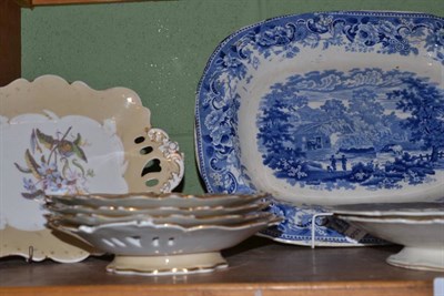 Lot 148 - Two shelves of 19th century ceramics including dessert service, teapot, blue and white tureen,...