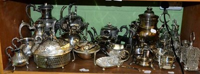 Lot 149 - A shelf and a box of silver plated hallwares, tablewares, flatware etc