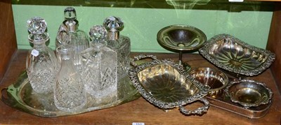 Lot 151 - Two silver mounted cut glass decanters; three further decanters; an electroplated tray and...