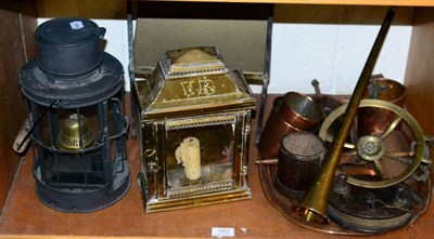 Lot 162 - A group of miscellaneous including two lanterns, Hickory wool winder; copper measures; leather dice