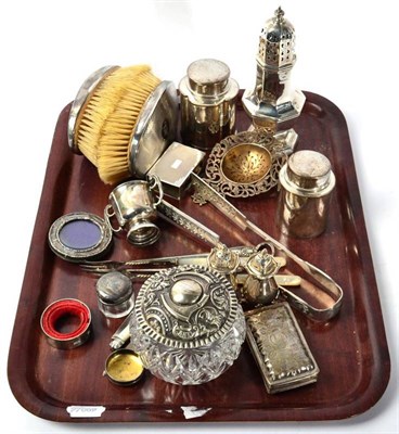 Lot 184 - Assorted silver items, to include: two small caddies; an octagonal caster; a pair of brushes; Dutch