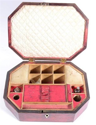 Lot 192 - Regency red Morocco mounted octagonal sewing box, with brass hinged knop to the top, ivory...