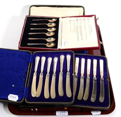 Lot 194 - Assorted cased sets of silver teaspoons; pastry forks; silver collared tea knives; a pair of...
