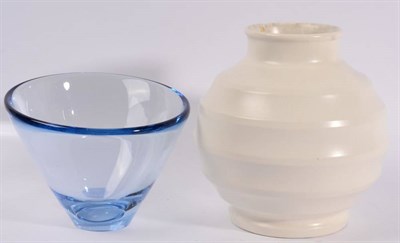 Lot 195 - A Keith Murray for Wedgwood vase; and a Holmgaard pale blue glass bowl, dated 1960 (2)
