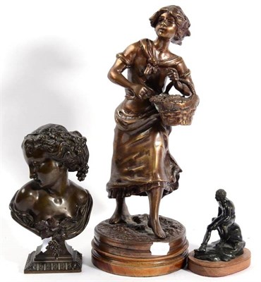 Lot 196 - After Rancoulet, a bronze of a flower girl; a reproduction bronze bust; and a reproduction...