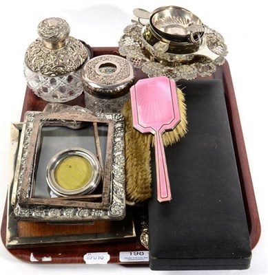 Lot 198 - A silver mounted cut glass perfume bottle, a pierced silver footed dish, a silver topped jar, vesta