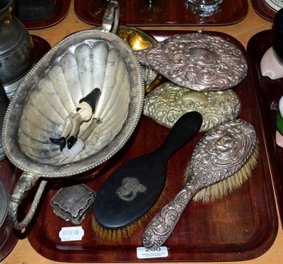Lot 200 - A tray including a silver backed brush, pill box, etc