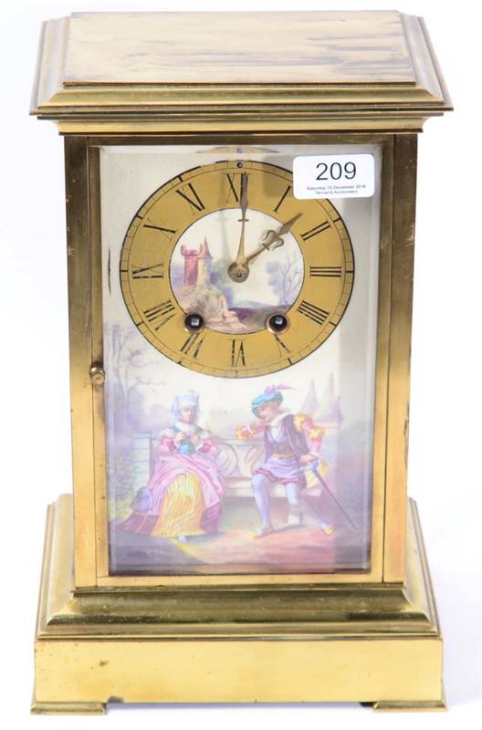 Lot 209 - A brass and porcelain mounted striking mantel clock, circa 1900, side porcelain panels...