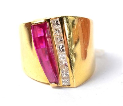 Lot 247 - A ruby and princess cut diamond dress ring, finger size S/12, stamped '750', 11.4g