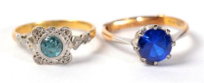 Lot 252 - A blue zircon and diamond ring, finger size N; and a blue paste ring, 4.8g gross (2)